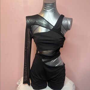 Fashion Nova Black One-Shoulder Mesh Romper